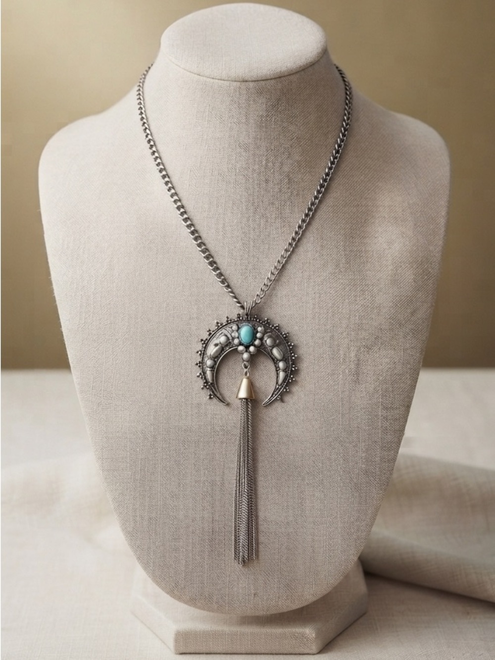 FREEDOM Bohemian Silver Navajo Crescent Turquoise Tassel Statement Necklace